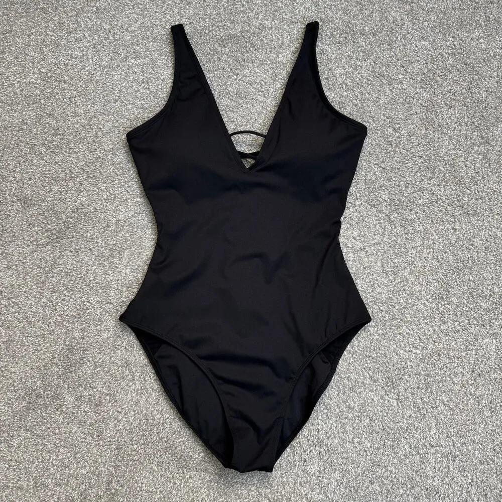TA3 Swimsuit Womens Large Black One Piece Plunge Corset Back Hourglass Goth Sexy